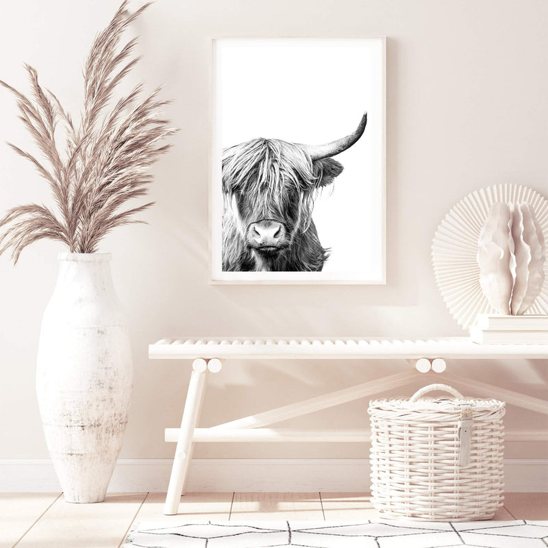 Harper The Highland Cow Portrait-The Paper Tree-animal,black & white,bull,cattle,cow,harper,highland bull,highland cattle,highland cow,monochrome,nature,portrait,premium art print,wall art,Wall_Art,Wall_Art_Prints