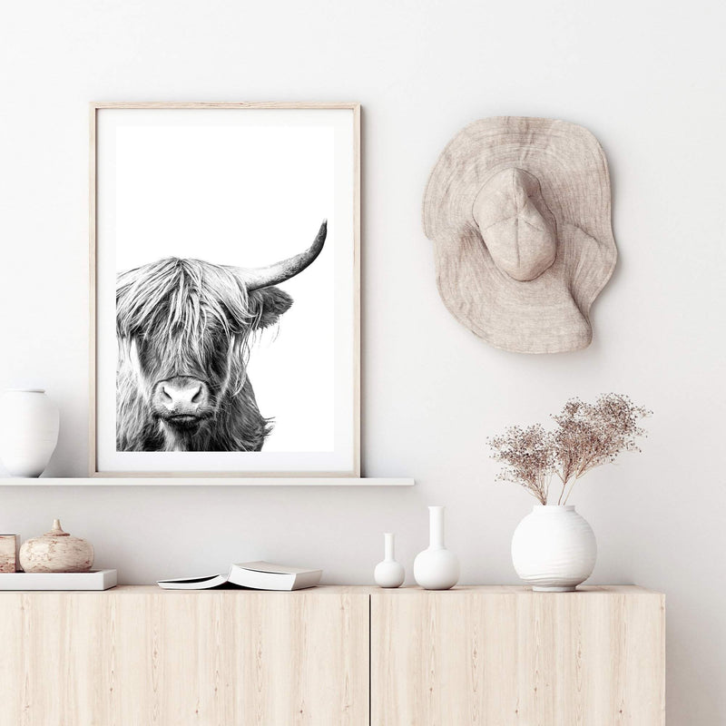 Harper The Highland Cow Portrait-The Paper Tree-animal,black & white,bull,cattle,cow,harper,highland bull,highland cattle,highland cow,monochrome,nature,portrait,premium art print,wall art,Wall_Art,Wall_Art_Prints