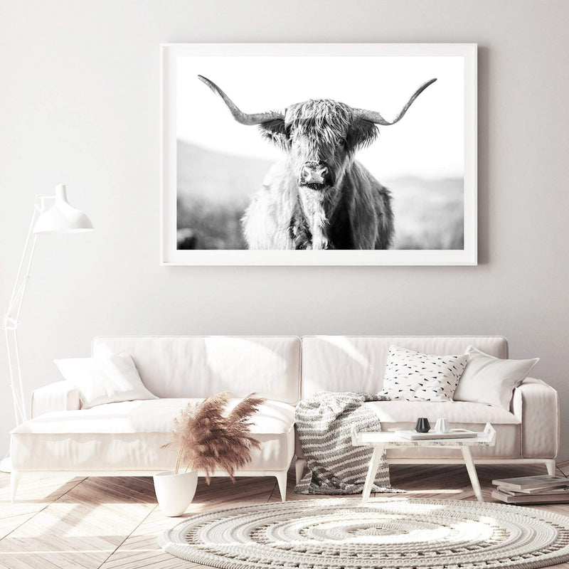 Harrison The Highland Cow II-The Paper Tree-animal,black & white,BLACK AND WHITE,bull,cattle,cow,harrison,highland bull,highland cattle,highland cow,landscape,monochrome,nature,orange,premium art print,wall art,Wall_Art,Wall_Art_Prints