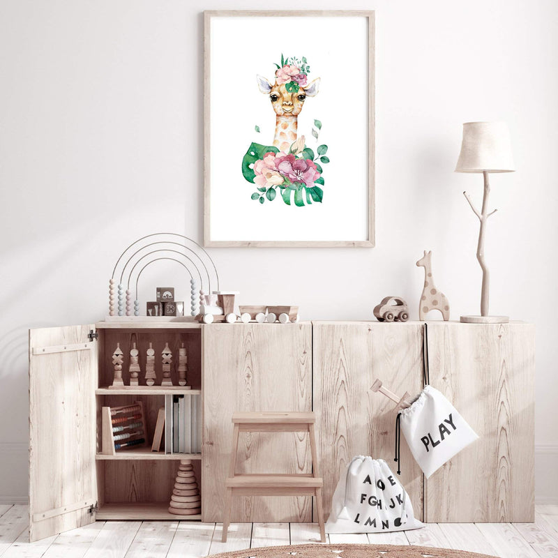 Baby Giraffe III-The Paper Tree-africa,AFRICAN ANIMAL,African animals,animal,Artwork,BABY GIRAFFE,giraffe,green,nursery,orange,pink,portrait,premium art print,wall art,Wall_Art,Wall_Art_Prints,watercolour,watercolour giraffe