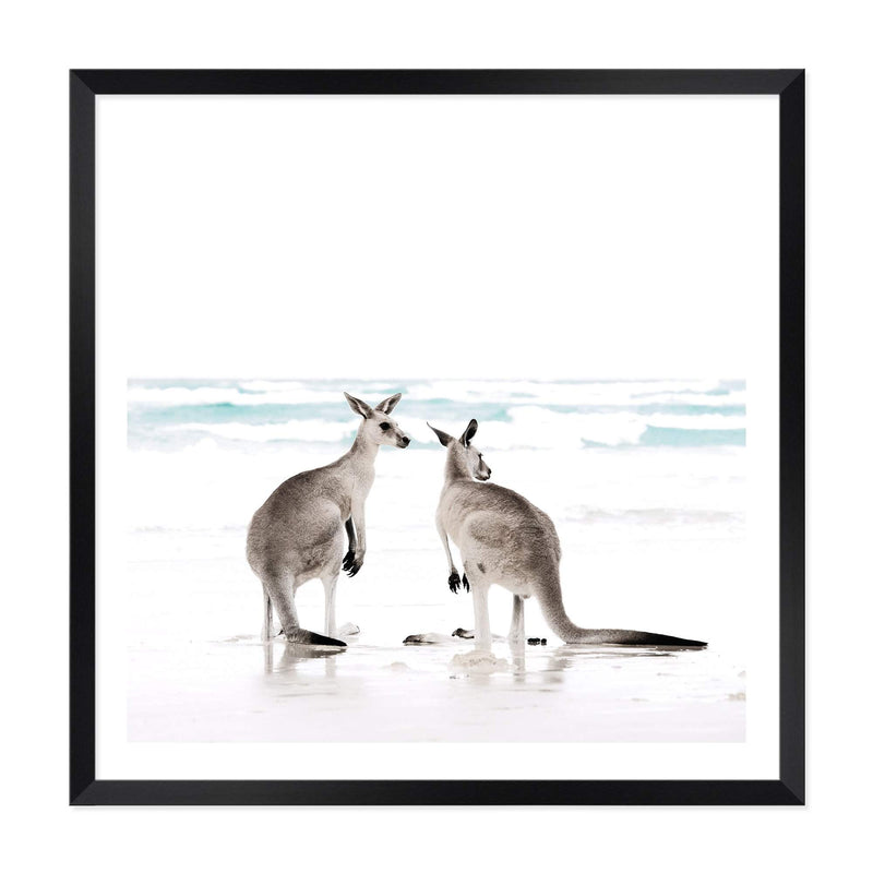 Kangaroo's On The Beach Square II-The Paper Tree-animal,Art Print,art prints,Artwork,australia,australian,australian native,australiana,beach,boho,coastal,framed,hamptons,kangaroo,kangaroo's,Muted Tone,native,neutral,ocean,premium art print,square,wall art,Wall_Art,Wall_Art_Prints,waves,white