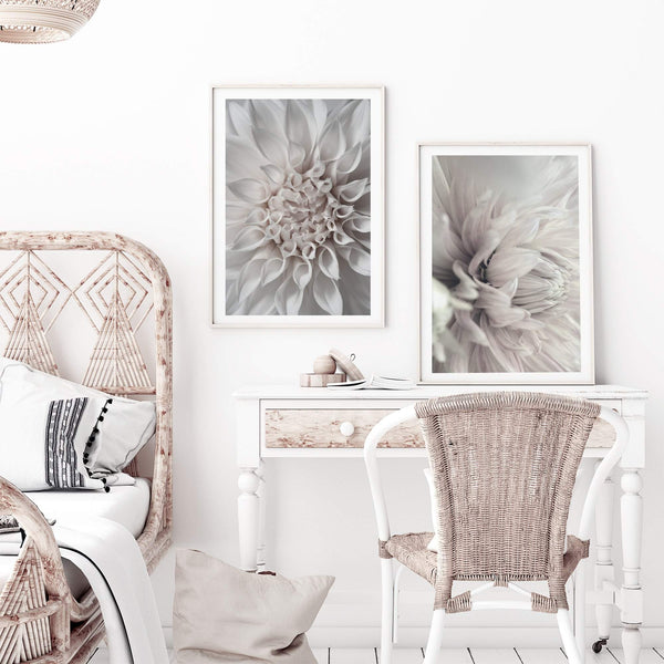 Set of 2 - White Dahlia Floral  & No.2-The Paper Tree-Artwork,boho,coastal,DAHLIA,dahlia flower,Floral,flower,gift,hamptons,leaf,leaves,neutral,portrait,premium art print,wall art,Wall_Art,Wall_Art_Prints